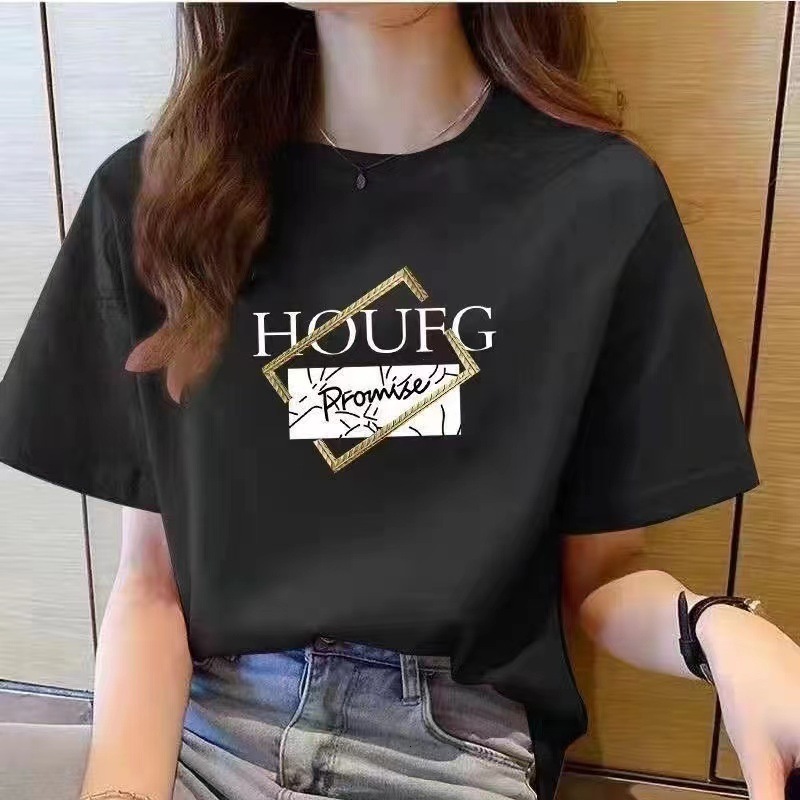 Designer women's T-shirt with pure cotton short sleeves for the summer of 2025Korean version loose round neck top, printed versatile plus size tr