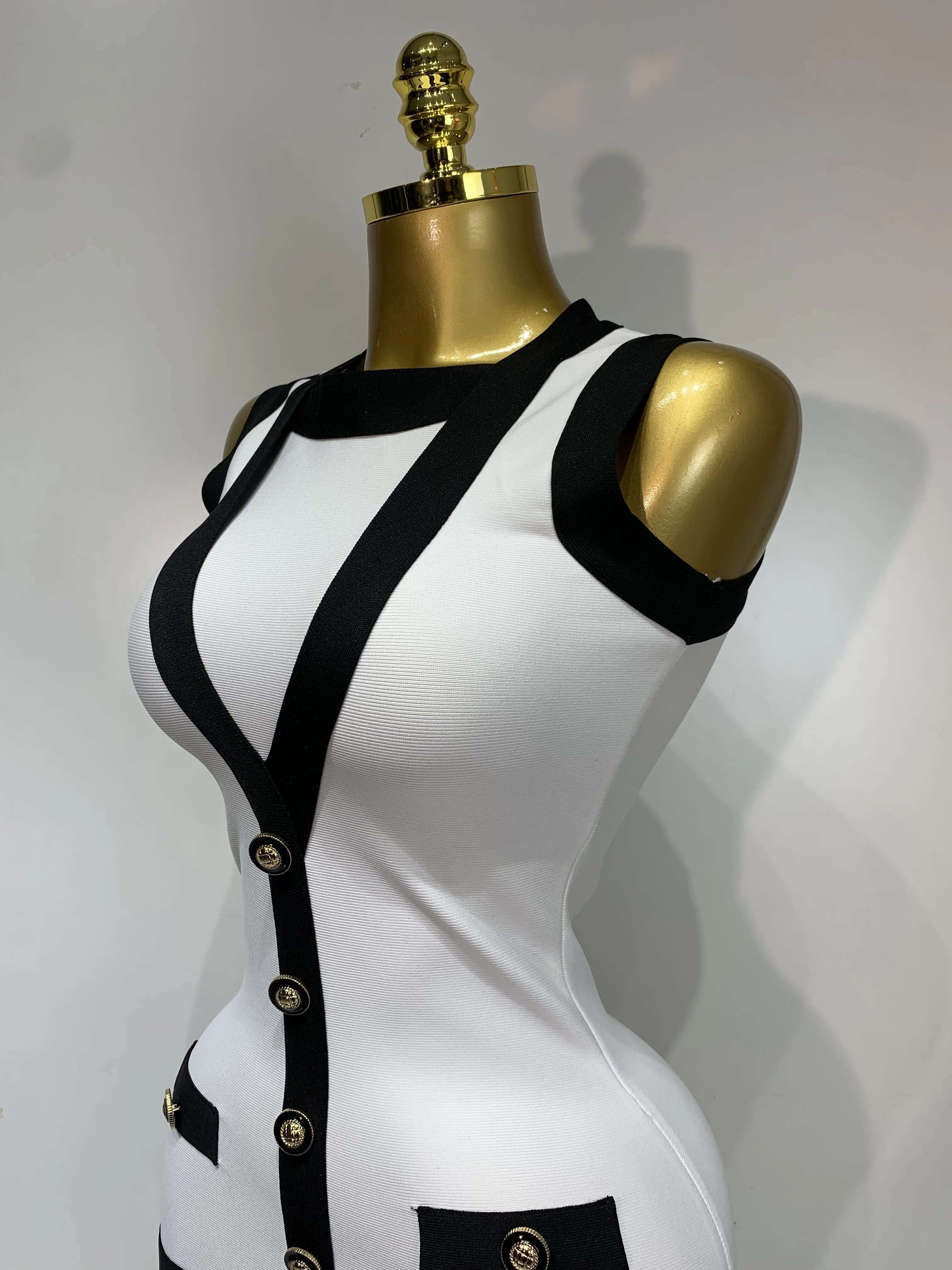 Women Sexy Backless Black White Button Mini Bandage Short Celebrity Elegant Evening Party Holiday Club Dress