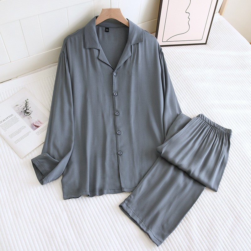 High quality satin cotton couple sleepwear womens spring and summer thin solid color home clothes mens long sleeved pants set 240827