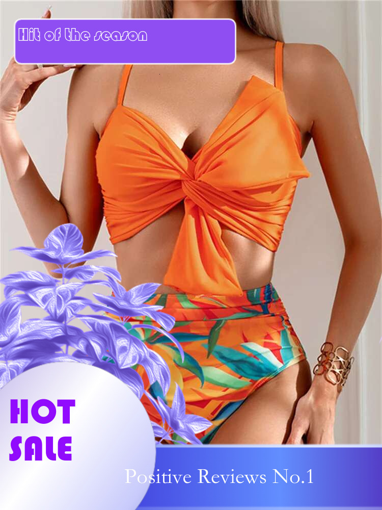 Dongdumaoyi Vintage Orange Front Bow Bikini Set Women Sexy Pleate Push Up Leaves Print High Waist Swimsuit Beach Bathing Suit Swimwear