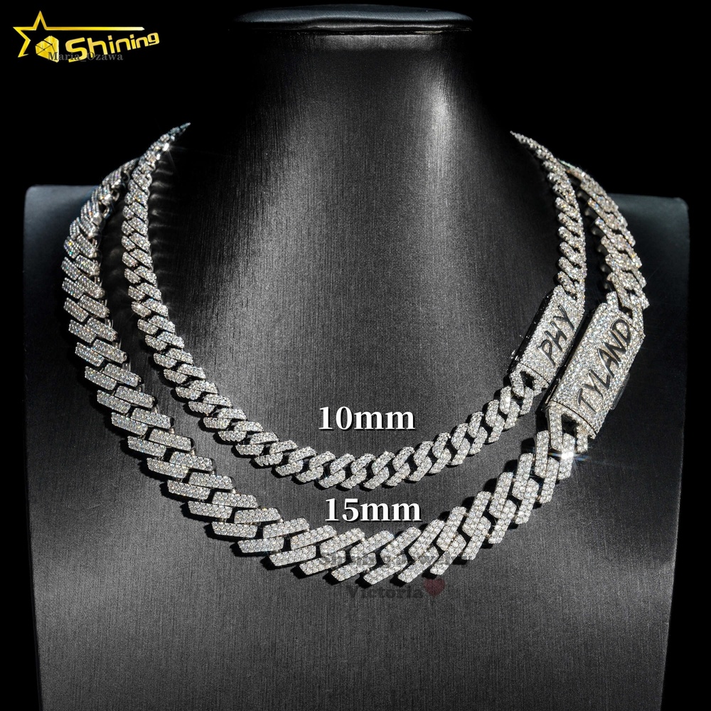 Wholesale Price Popular Pass Diamond Tester 925 Silver 10mm 15mm Two Rows Iced Out Hip Hop Moissanite Diamond Cuban Link Chain