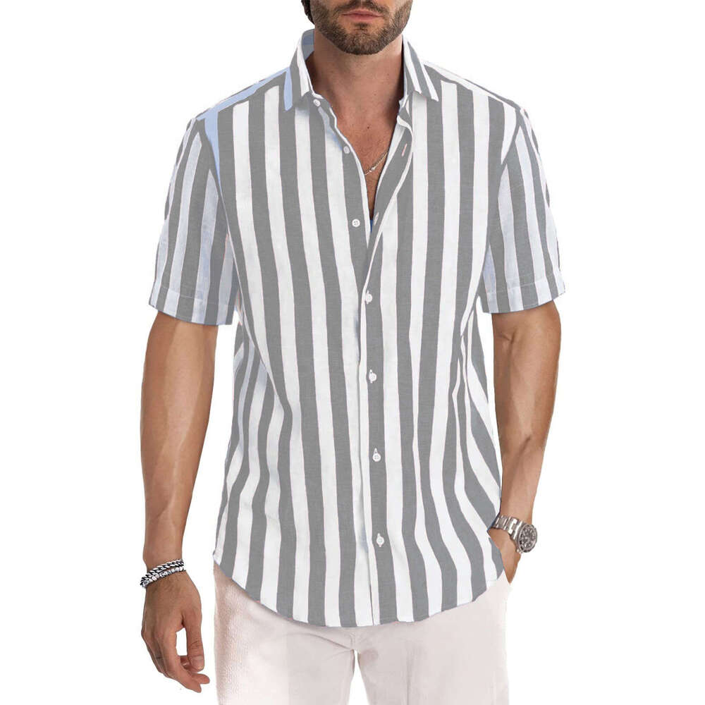 Ins Summer European and American Men's Beach Color Weaving Striped Collar Short Sleeve Shirt 2025 New Casual Fashion Trendy Clothing