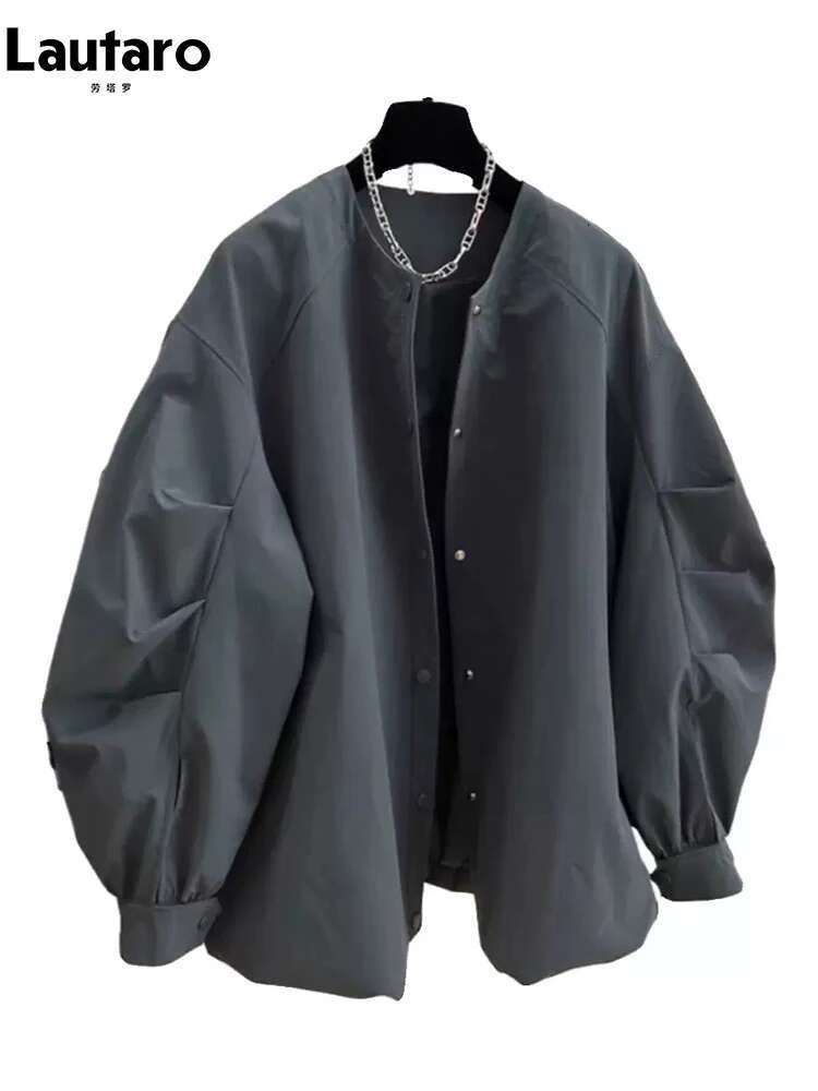 Lautaro Spring Autumn Elegant Chic Gray Jacket Women Long Sleeve Stand Collar Loose Designer Korean Style Clothing 2024