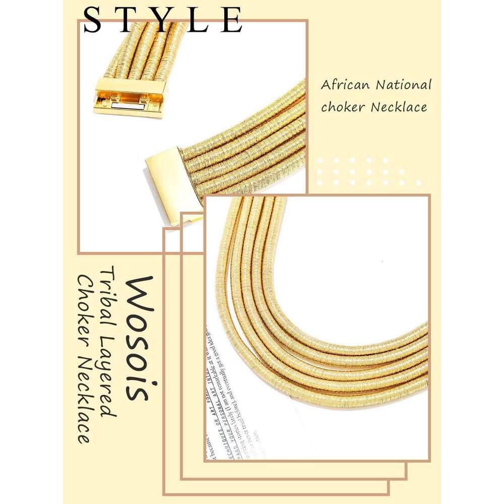 African Choker Necklace Gold Rope Weave Collar Layered Boho Tribal Chokers Multilayer Statement Party Jewelry Accessories for Women
