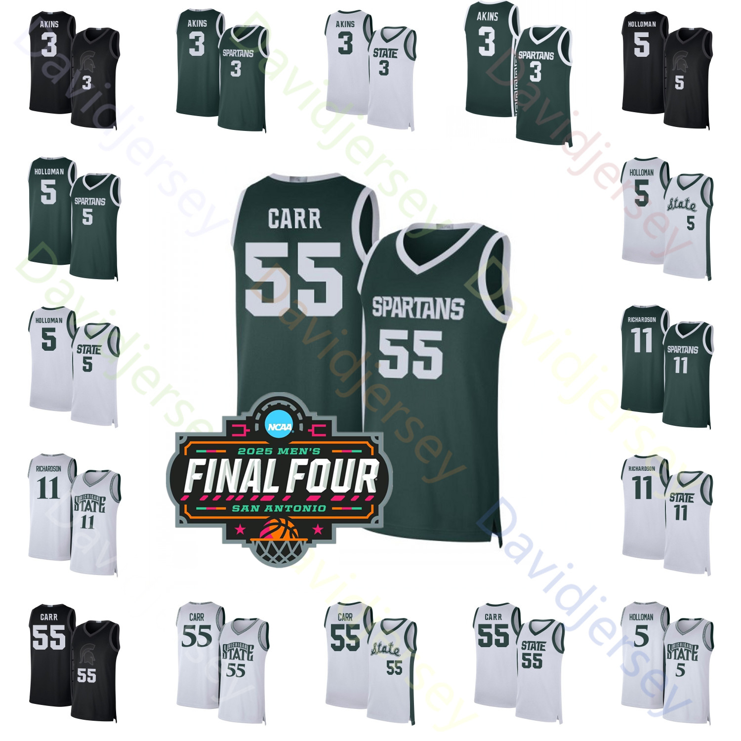 2025 Final Four 4 Basketball College Jersey Jaden Akins Tre Holloman Jase Richardson Coen Carr Black White Green Size S-3XL