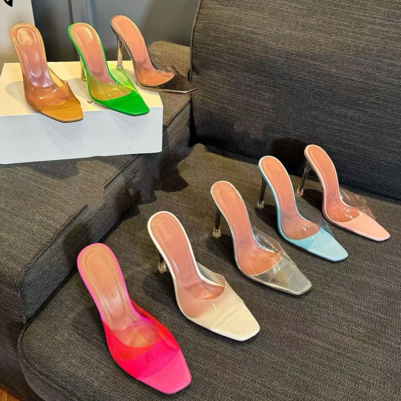 Satin Bow crystal embellished mules Slippers Evening shoes Rhinestone stiletto Heels 9.5cm pvc women's heel Luxury designer sandals ladies sandal 35-42 slippers