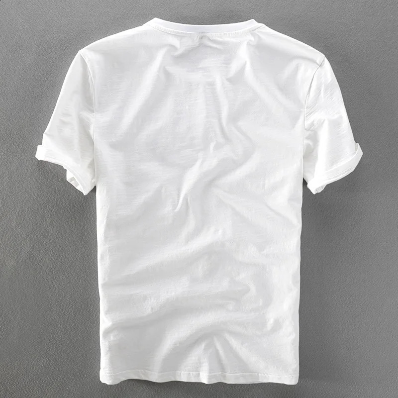 Italian mens linen t-shirt classic round neck casual white t-shirt mens short sleeved embroidered t-shirt 250328