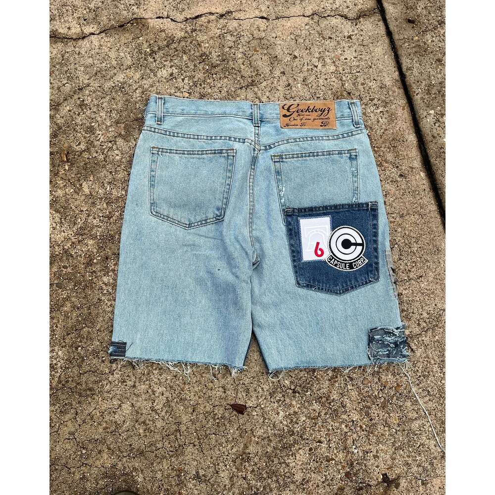 Shorts Men Women Hip Hop Cartoon Pattern Patchwork Embroidery Denim Shorts Retro Blue Baggy Gym Short Y2k Street Basketball Jorts Jeans
