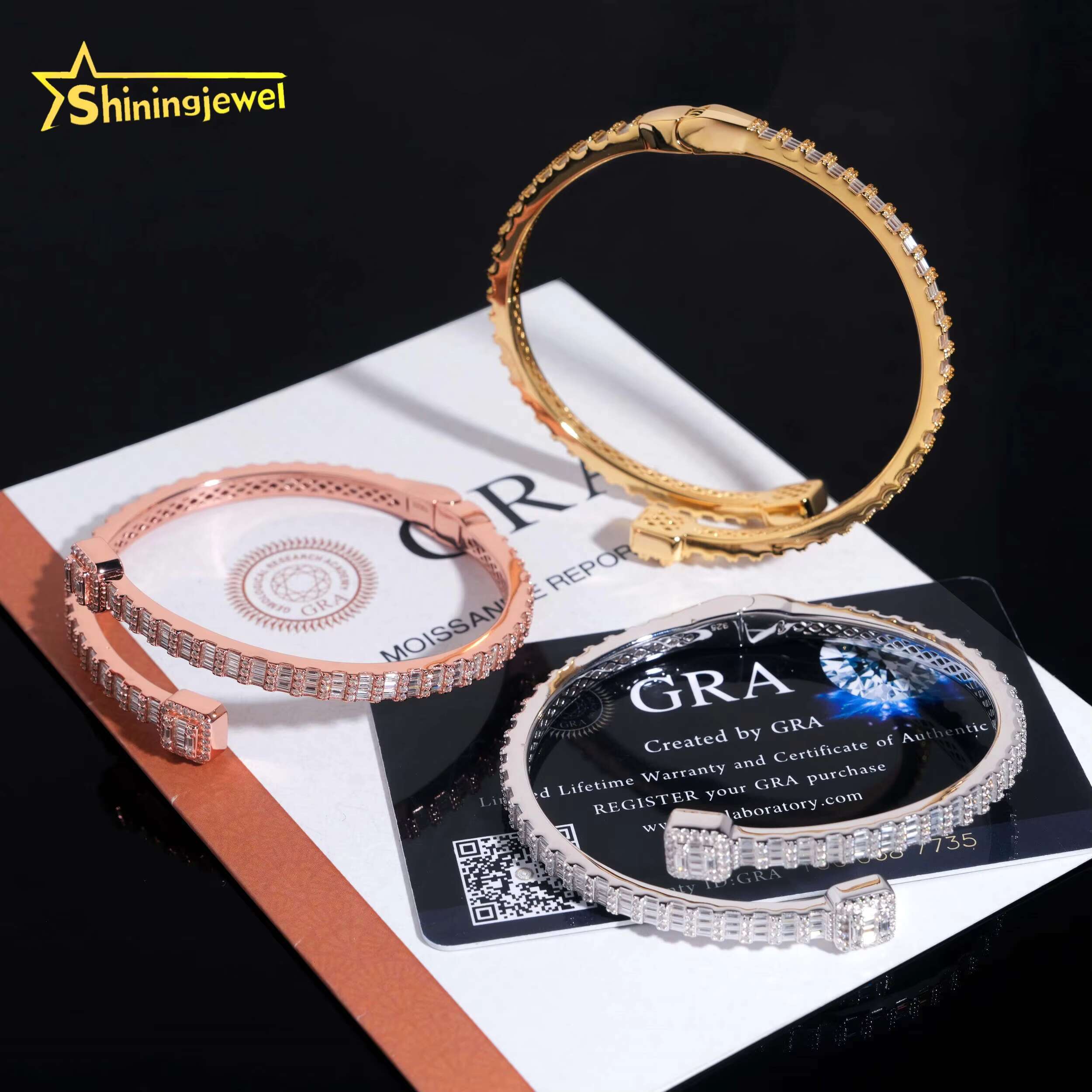 Worldwide Shipping Fine Jewelry Trendy S925 Silver Gold Plated VVS Baguette Moissanite Diamond Bangle Bracelet