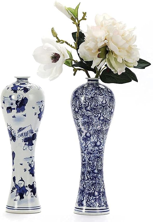 13" China Ceramic Vase Blue and White Porcelain Chinese Handmade Decorative Flower Vase for Living Room Home Decor Office Table Centerpiece
