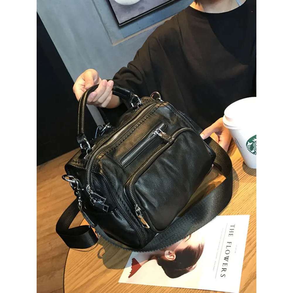 Women's Bags Black Genuine Leather Women Handbag Fashion Zipper Cowhide Totes Single Shoulder Simple Solid Color Casual Crossbody Bags