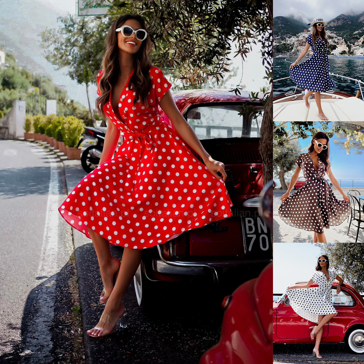 Paris Girl Polka Dot Dress Red Long Sleeve Summer Dress Women Boho Dresses Ladies Sexy High Split Tunic Women Long Dress Summer 210303
