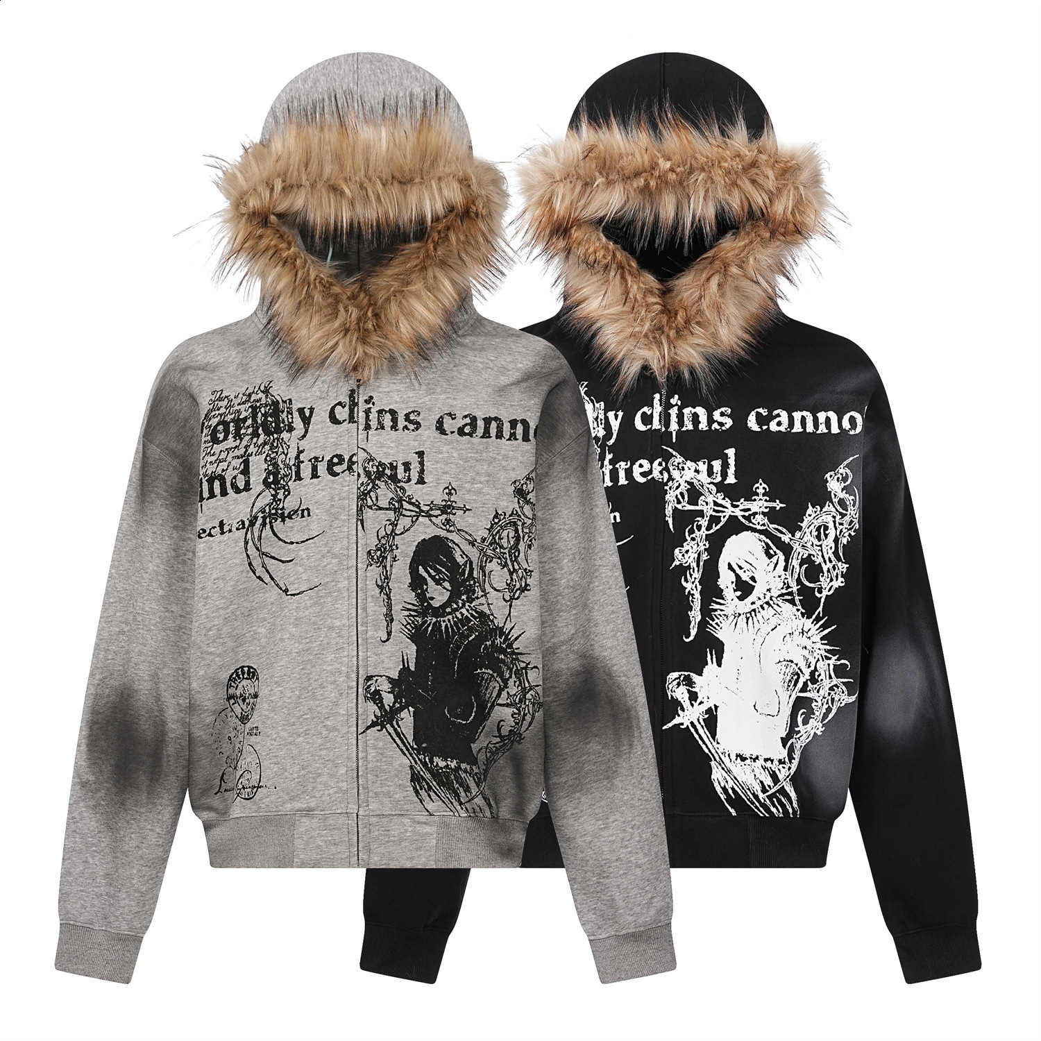2025 Street fashion Winter personality print zipper hoodie for men Y2k Harajuku vintage fur collar warm loose jacket 250102