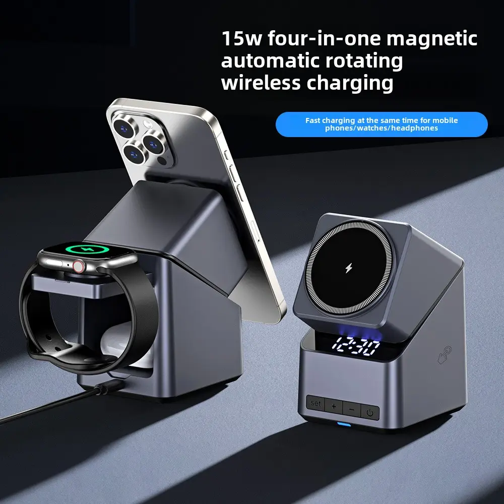4-in-1 Magnetic Wireless Charger Stand with Auto-Rotating Phone Holder, 15W Fast Charging, LED Desk Clock & Touch Control | Smart Desk Organizer