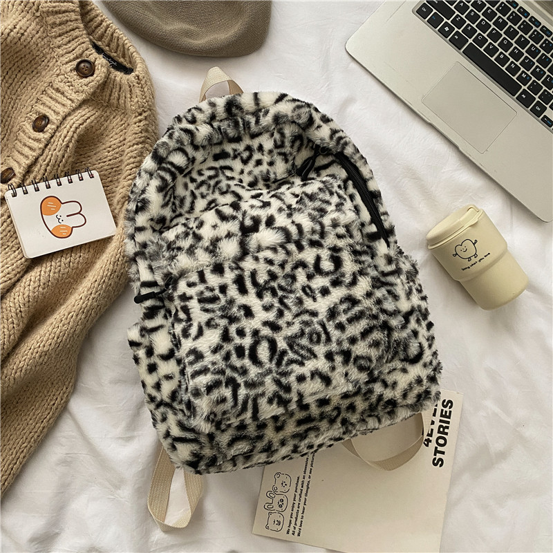 Fashion backpack leopard print plush bag female simple commuter student schoolbag female bag