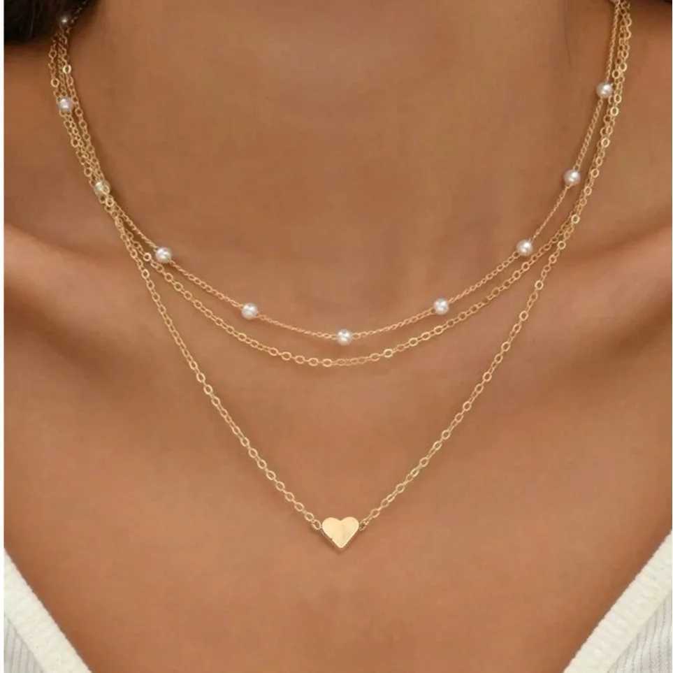 FTCY 3-Piece Womens Pearl Necklace Set 14K Gold Fashion Love Heart Pendant Waterproof Low Allergy Collar Bone Necklace JewelryT250331