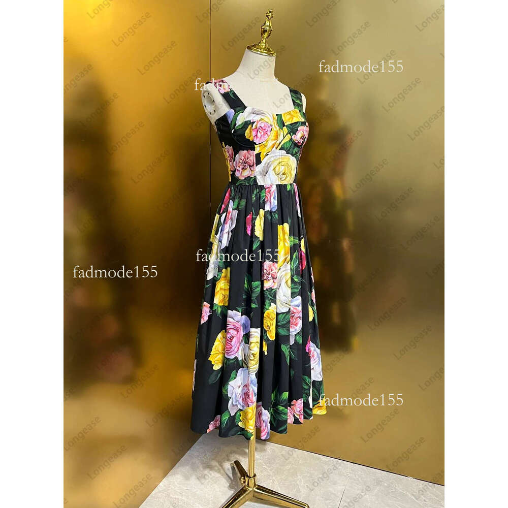 Summer party birthday cotton peonies print gathered waist sleeveless midi dress womens designer clothing dresses for woman2025