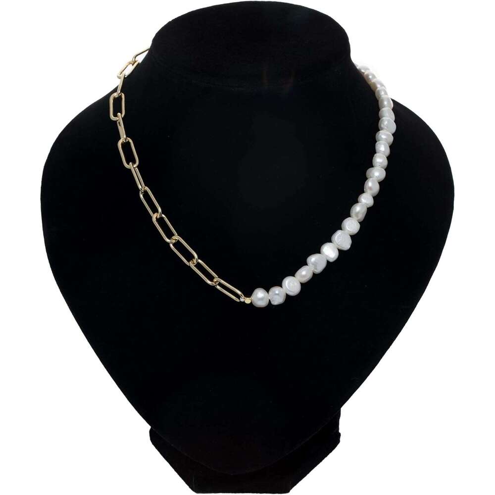 Paper Clip Pearl Necklace Vintage Chunky k Chain Baroque Cultured Pearls Gold Choker Fashion Retro Charm Valentine Jewelry for Women Girls