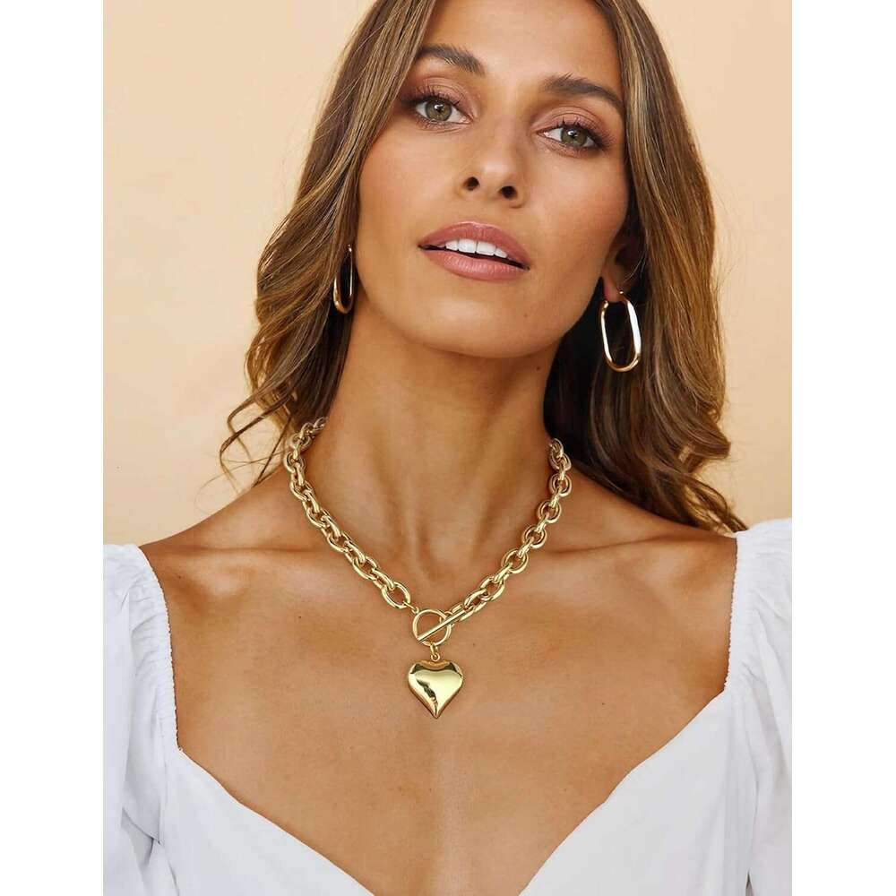 for Women Puffy Pendant White Gold Thick Chunky Chain k Necklaces Heart Coin Choker Necklace