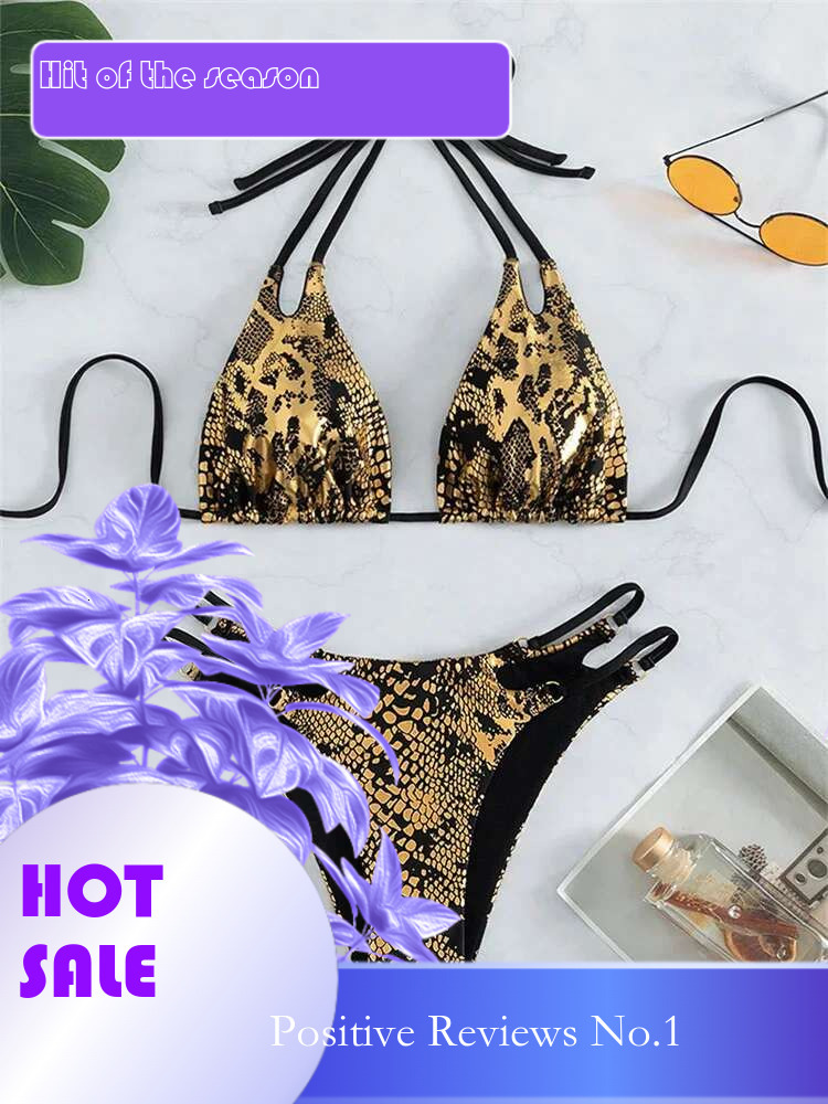 Dongdumaoyi Sexy Gold Snake Print Bikini Women Halter Cut Out Push Up Micro Swimsuit Summer Bathing Suit Lace High Waist Swimwear