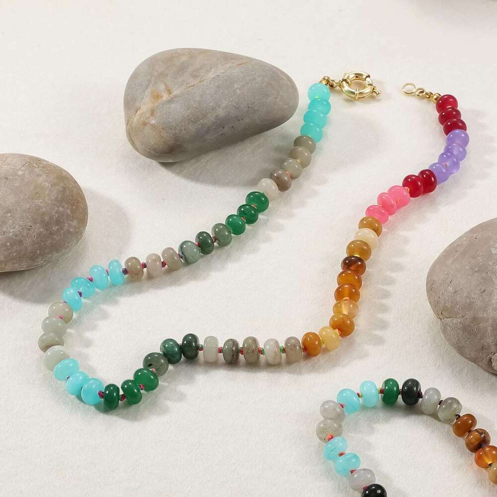 Beaded Gemstone for Women, Colorful Boho Bead Choker Natural Stone Freshwater Pearl Surfer Beach Necklace 14K Gold Plated Summer Handmade Jewelry Gift