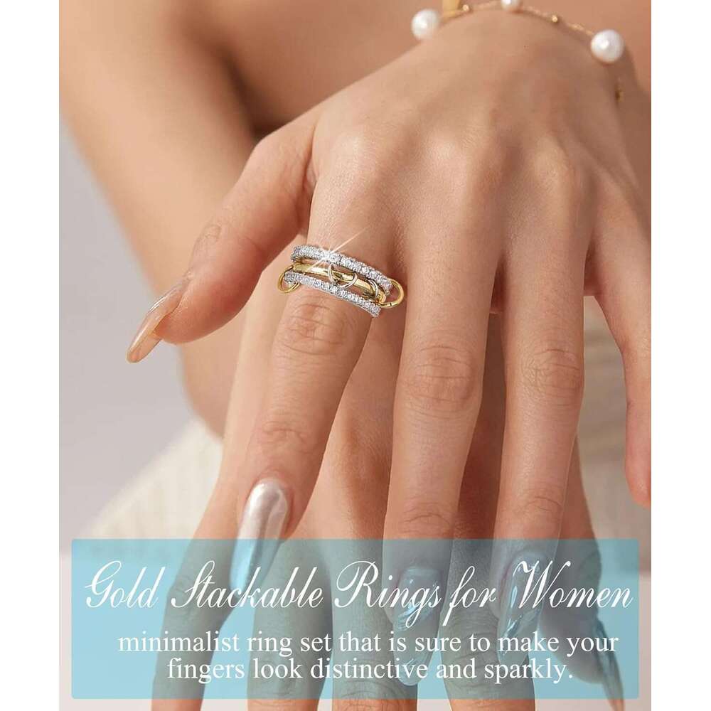 Stackable for Women Gold Plated Statement Dainty Interlocked Cubic Zirconia Band 3 Multi-k Rings Set