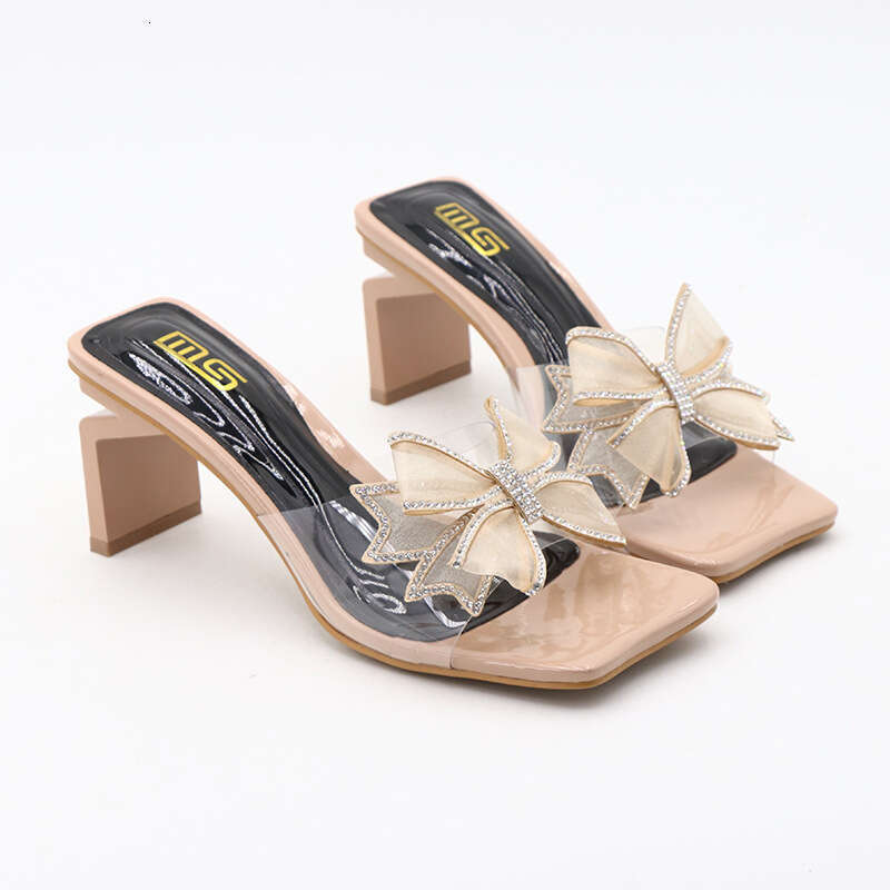 Heel Sandals Korean Version Summer New Coarse Heel Bow Semi Transparent Rhinestone Women S Shoes Wearing High Heels And Straight Sandals For Women