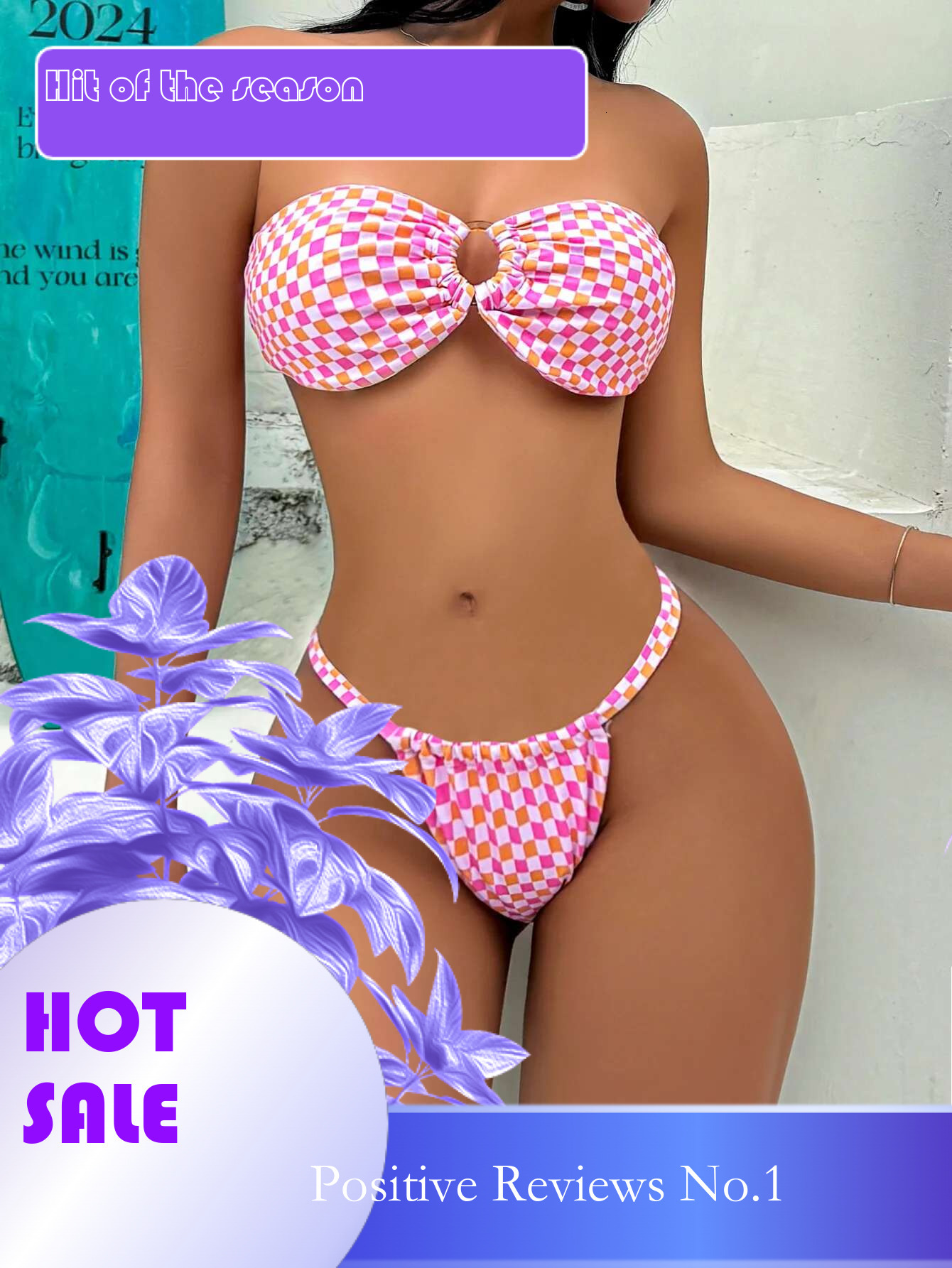 Dongdumaoyi Sexy Bandeau Bikini Mujer Women Pink Plaid Hollow Out Ring Linked Push Up Micro Swimsuit Beach Bathing Suit Thong Swimwear