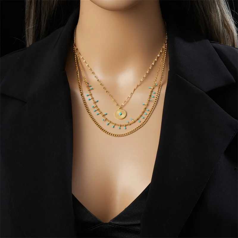 OIMG 316L Stainless Steel Gold Plated Retro Multilayer Turquoise Round Necklace For Women Girl Blue Evil Eyes Jewelry Rustproof Z250331