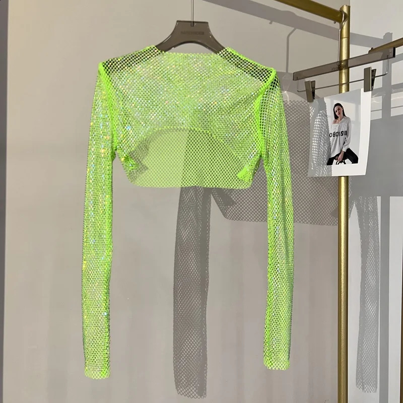 Sexy Bright Diamond Short Top Ultra Thin Womens Long Sleeve Tight Tshirt Nightclub 250324