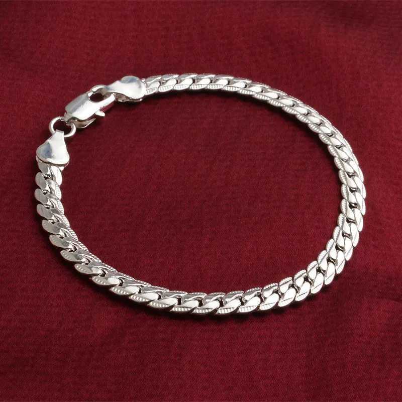 925 sterling silver bracelet 6mm 18/20cm flat side chain lobster clasp suitable for women and mens wedding engagement jewelryT250331