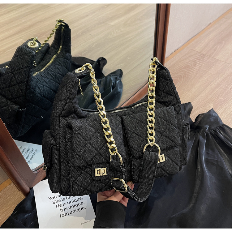 Xiaoxiangfeng diamond grid chain women's 2025 new multi pocket shoulder crossbody washed denim armpit bag