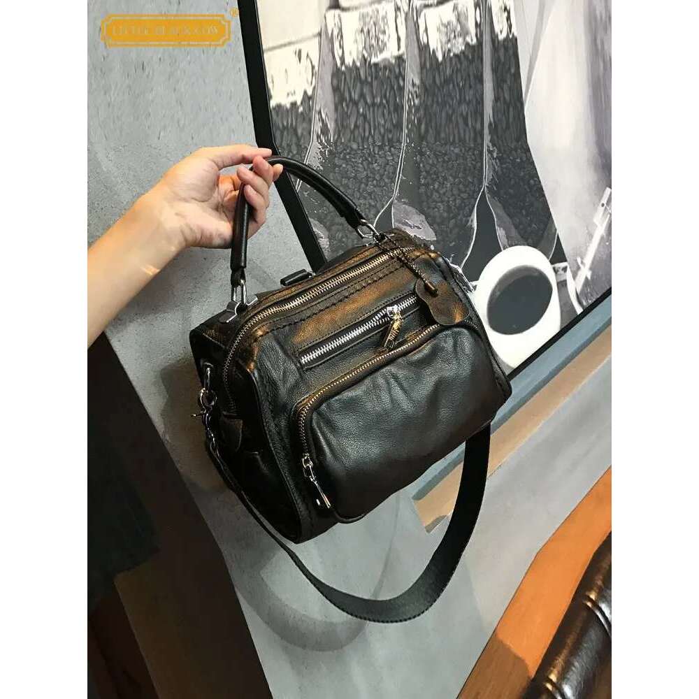 Women's Bags Black Genuine Leather Women Handbag Fashion Zipper Cowhide Totes Single Shoulder Simple Solid Color Casual Crossbody Bags