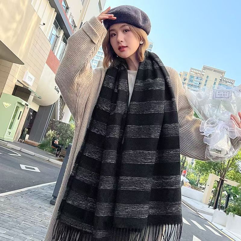 T383 striped scarf for women in winter, lengthened, advanced, thickened and warm, new style, versatile cashmere shawl neck scarf