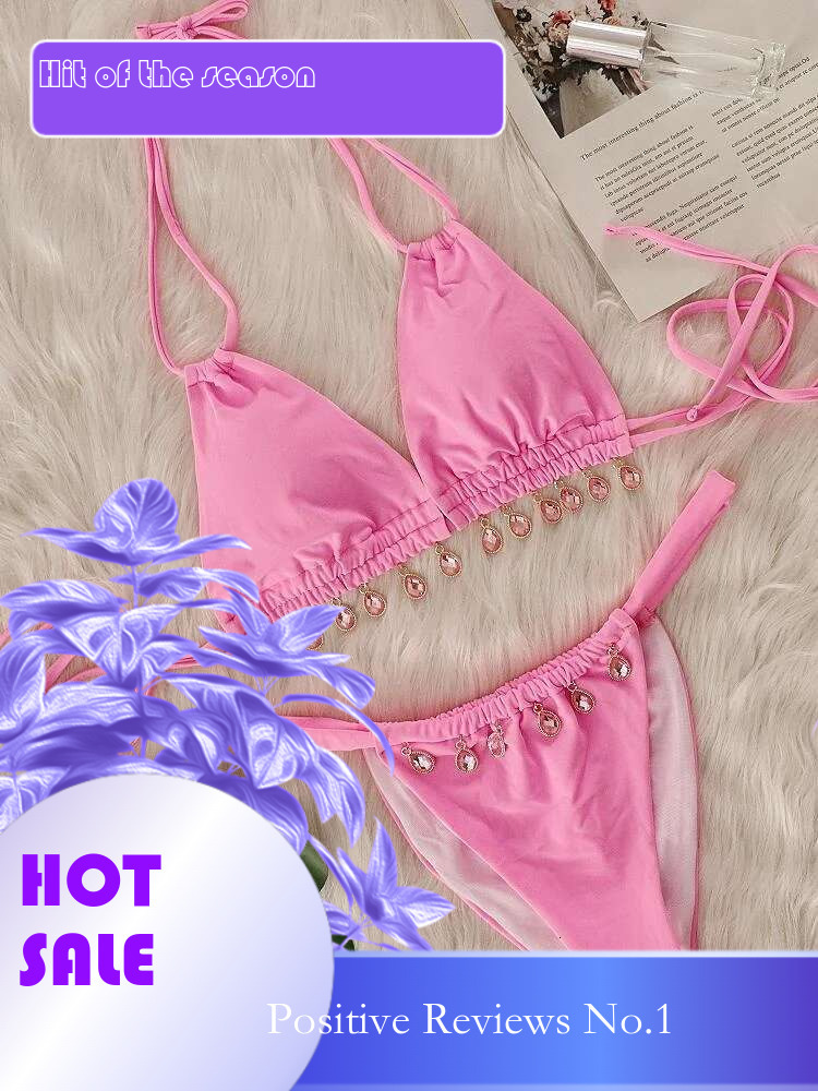 Dongdumaoyi Luxury Rhinestone Bikini Women Pink Diamond Tassel Push Up Micro Swimsuit Beach Bathing Suit Pleate Thong Swimwear Biquini