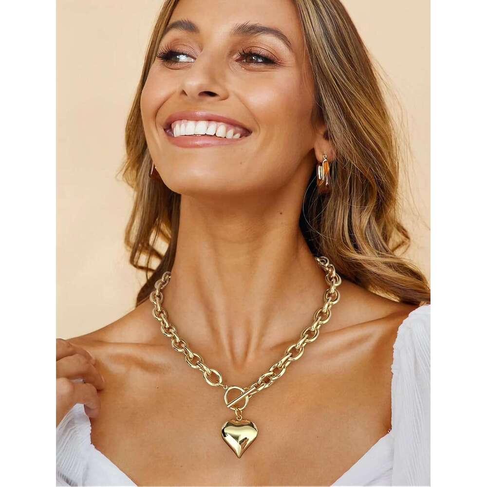 for Women Puffy Pendant White Gold Thick Chunky Chain k Necklaces Heart Coin Choker Necklace