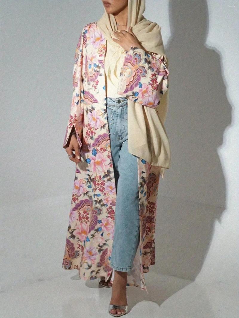 Ethnic Clothing Middle Eastern Women Loose Abaya Muslim Full Sleeve Printed Floral Open Front Abayas Jilbabs Islamic Maxi Dresses Turkey