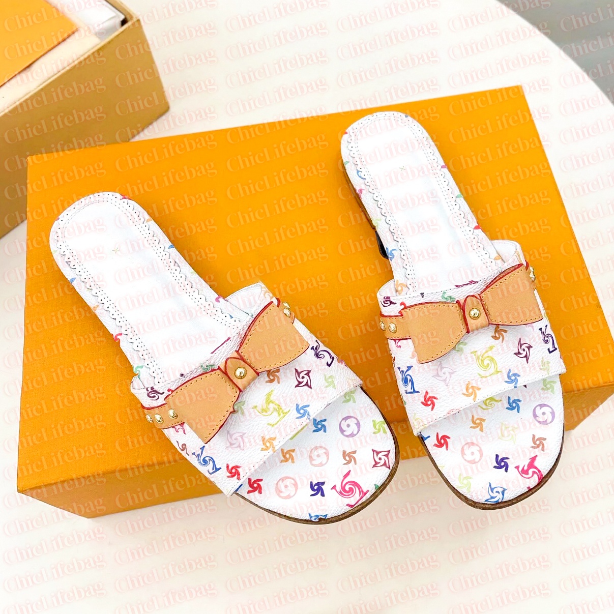 Womens TM 6AM Flat Mule Designer Slipper Sandal Takashi Murakami Colorful Flower High Heel Sandal Luxury Bow Sliders Mary Jane Stiletto Sandale Black White Slide 10A