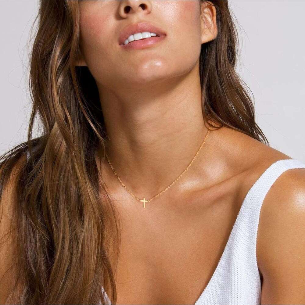 Dainty Necklace Women, 14K Plated Simple Choker Small Cross Pendant Tiny Cute Necklaces Handmade Aesthetic Gold Jewelry for Women