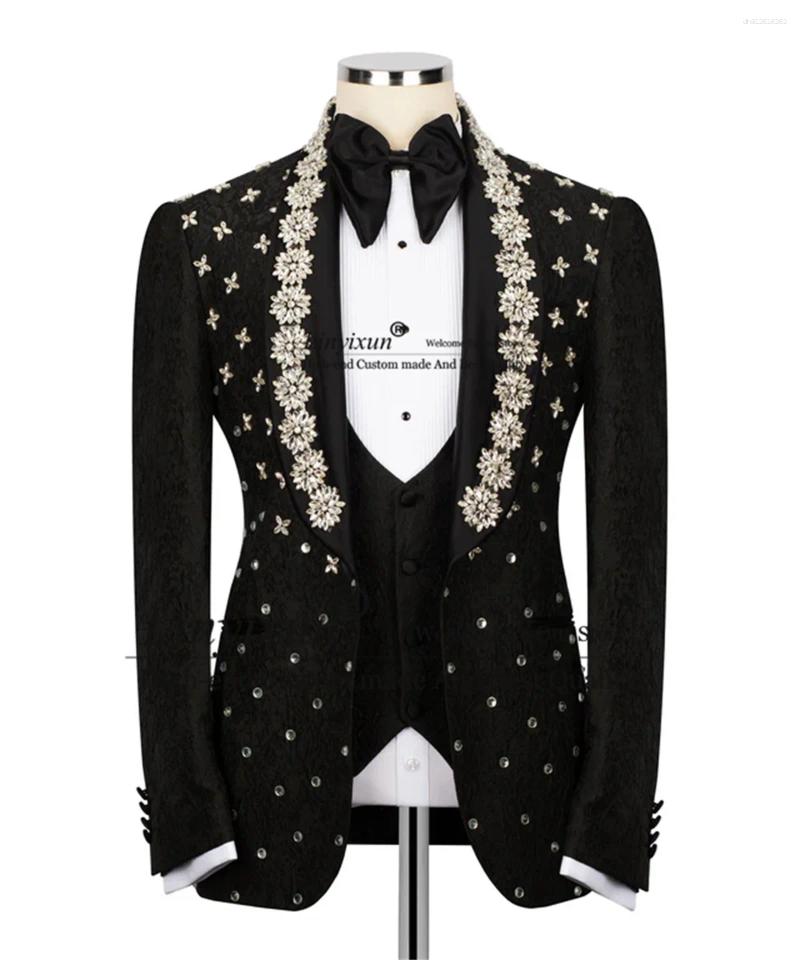 Men's Suits Sparkly Beaded Ornament Tuxedos Men 3 Piece Sets Wedding Groom Male Prom Blazers Customized Slim Dinner Trajes Para Hombre