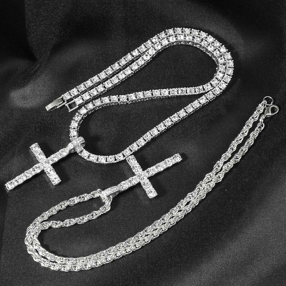 Mens Hip Hop Cross Pendant Necklace Mens 4mm Zircon Tennis Chain Ice Flash Necklace Punk Jewelry Fashion GiftT250331