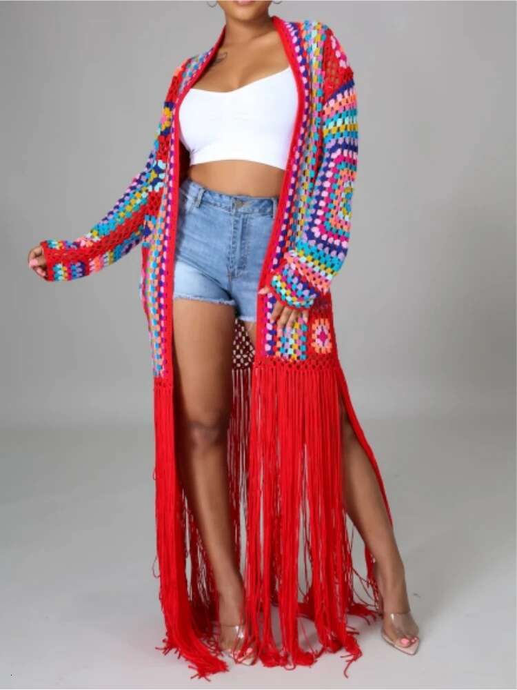 hoodie Women's Cardigan Handmade Crochet Beach Cover Coat Loose And Irregular Tassel Shirt Tie Up Mixed Color Pure Hand Hook Jackets jacket