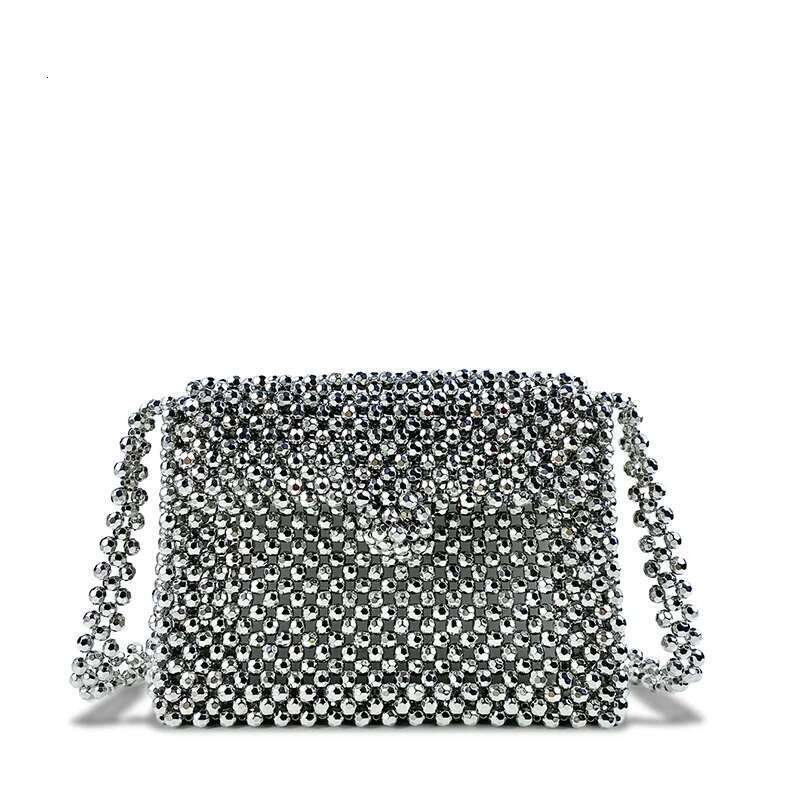 New Retro Sier Metallic Shiny And Dull Handmade Woven Beaded Pearl Flip Small Square Crossbody Bag