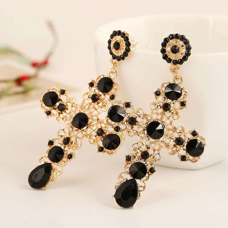 New Arrival Vintage Black Pink Crystal Cross Drop For Women Baroque Bohemian Large Long Earrings Jewelry Brincos 2023