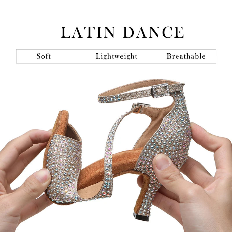 DKZSYIM Latin Dance Shoes Womens Ballroom Tango Rhinestone Dance Shoes High Heels Black/Silver/Gold Womens Wedding Shoes 250425