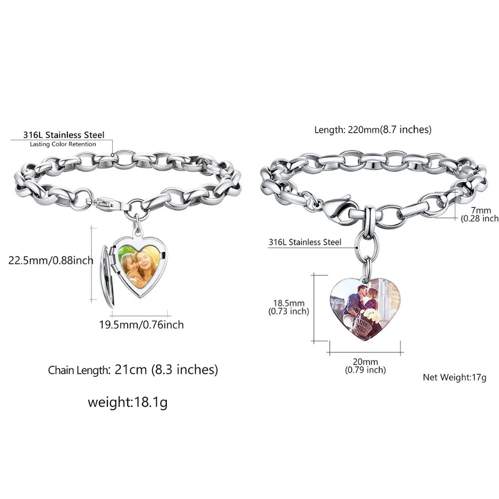 U7 Stainless Steel Custom Po Heart Locket Bracelet for Women 7mm Box Chain Adjustable Personalized Unisex BFF Couple Jewelry 250430