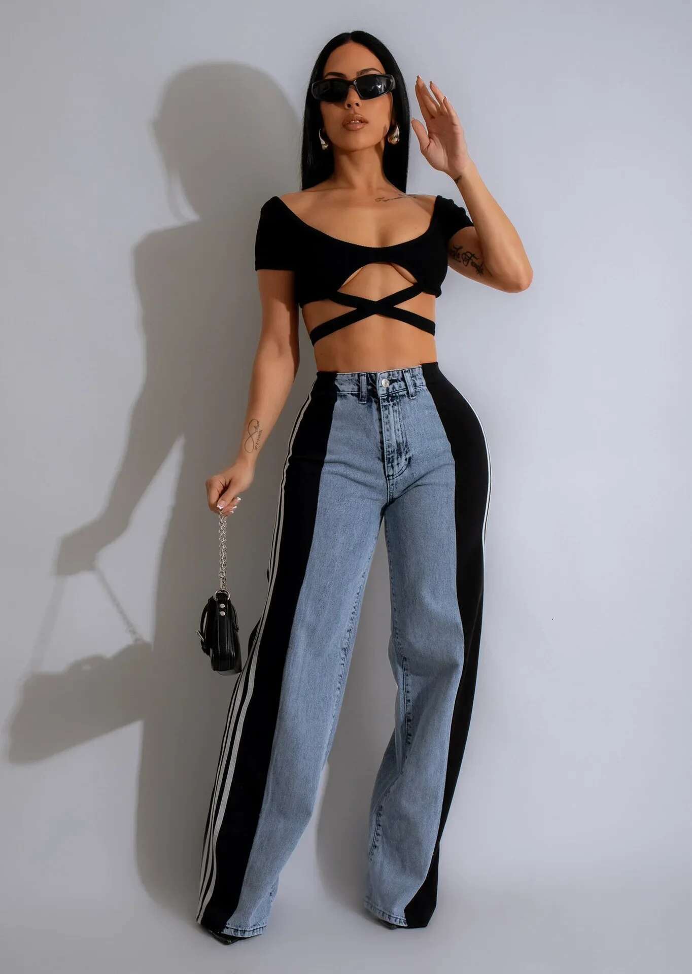 Sideseam Striped Wide Leg Jeans Women High Waist Stretch Denim Pants Patchwork Colorblock Straight Trouser