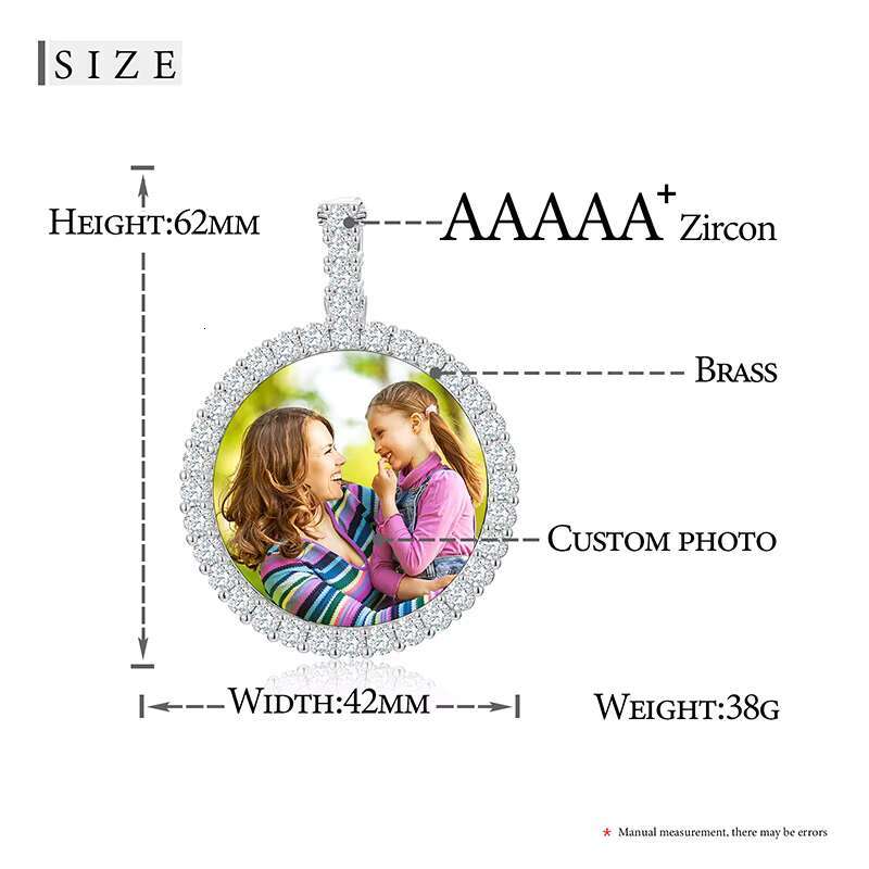 Memorial Picture Necklace Jewelry 42mm Real Gold Plated Brass AAAAA CZ Diamond Round Custom Photo Pendant With Chain