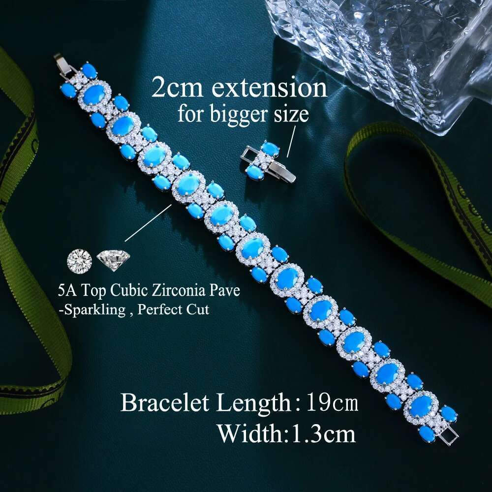 Threegraces 2024 New Blue Turquoise Geometric Link Chain Bracelet For Women Bohemian Wedding Bridal Party Jewelry Br404