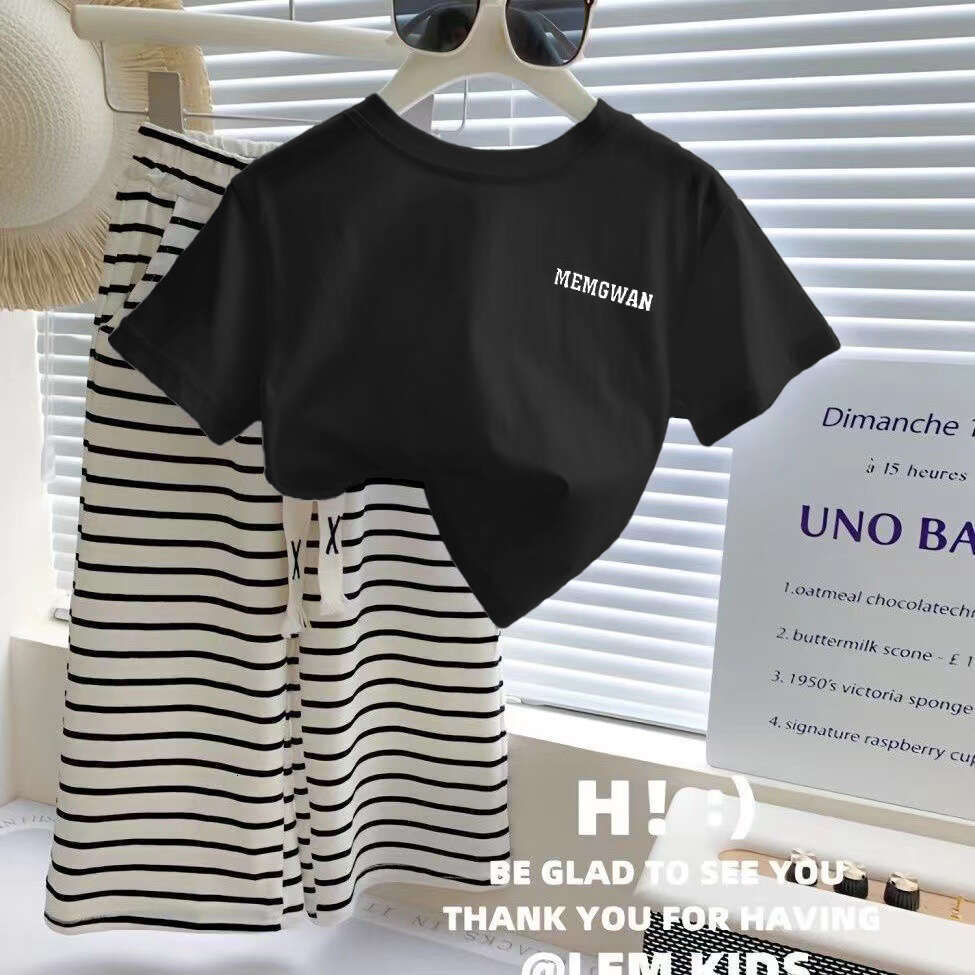 Baby Fashionable Two-Piece Summer New Item Girl Korean Version Letter Short Sleeved Striped Wide Leg Pants Casual Set